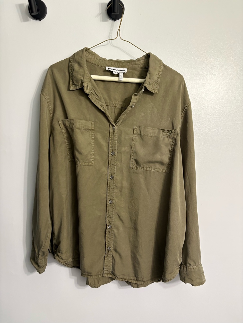 Army Green Olive Utility Patch Pockets, Women’s Plus 1X Shirt Top Blouse By DKNY
